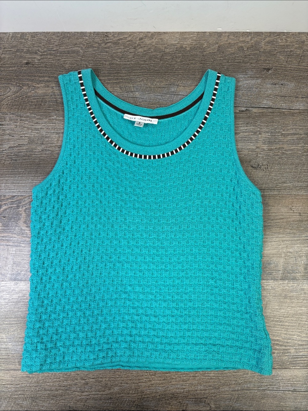 St. John Turquoise Textured Knit Sleeveless Top Embellished Neckline Size S